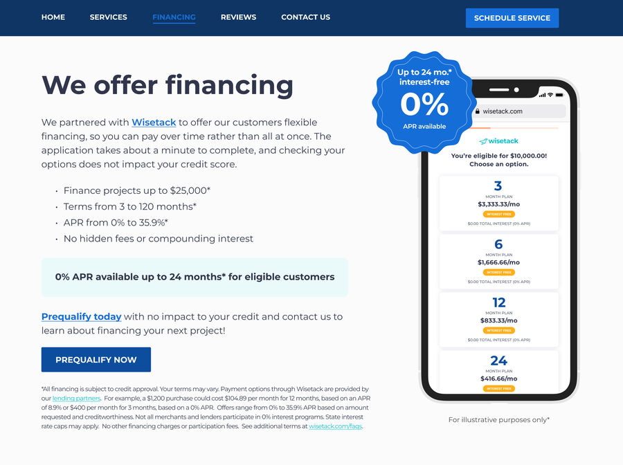 Wisetack 0% APR financing offer example for a generator project through Total Generator Pros — promotional 0% APR available for qualified applicants