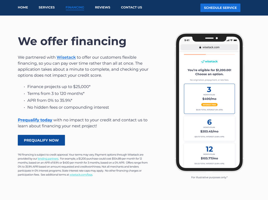 Wisetack mobile prequalification screen showing soft-credit-check loan options for a generator project — Total Generator Pros customers can apply in about one minute with no impact to credit score